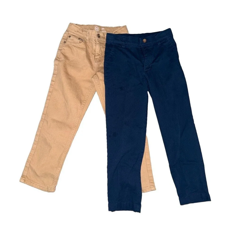 Lot 2 Wonder Nation Boys Chino Pants Blue Khaki Denim 7 Slim Adjustable Waist